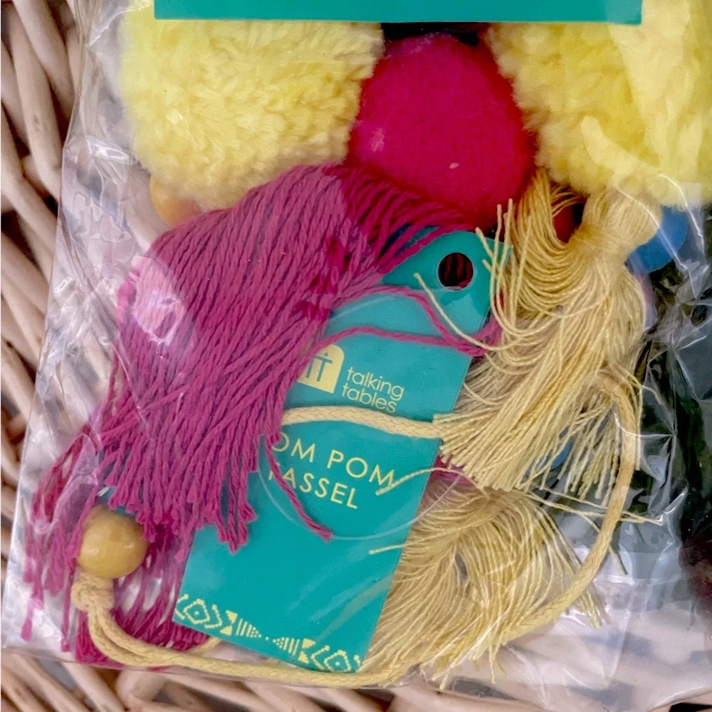 Talking Tables Pom Pom yarn Tassels beads decor set of 4 NWT for car, home, etc.